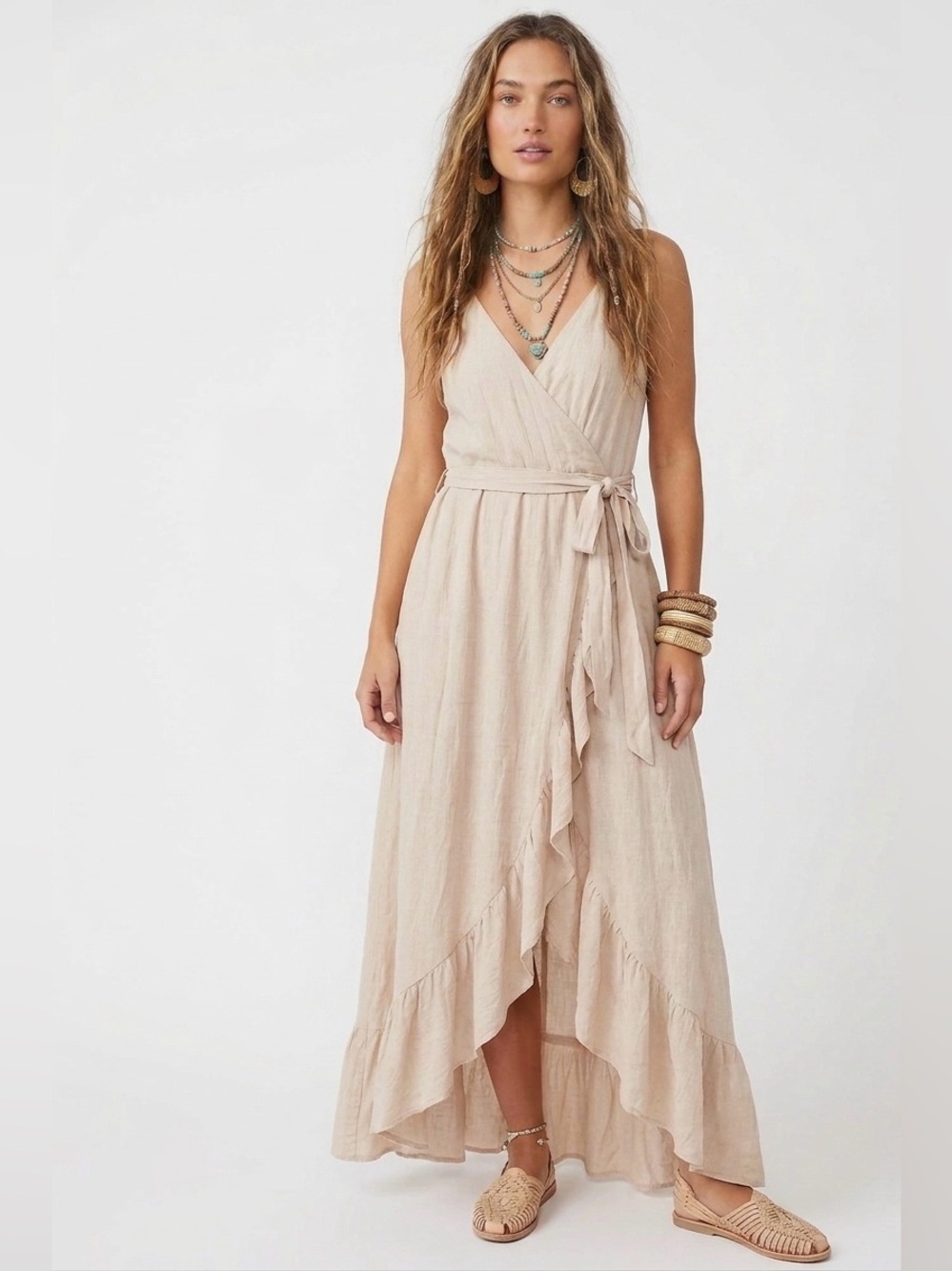 In Loom $68 NWT Maxi Wrap Dress Romper Hybrid Beige Ruffle Size L see measuremnt